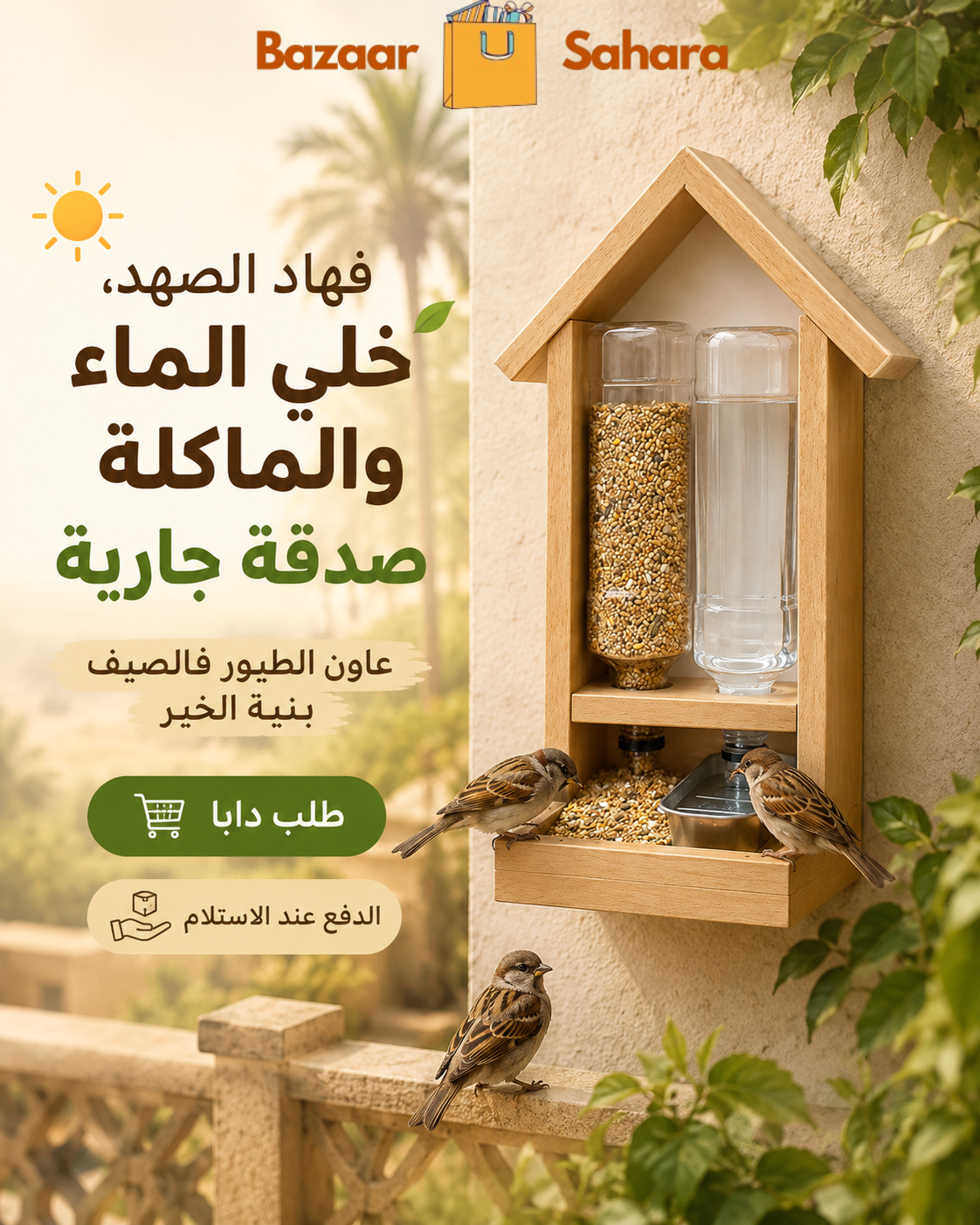 سقاية ومأكلة خشبية للطيور – صدقة جارية بنية الخير 🕊️