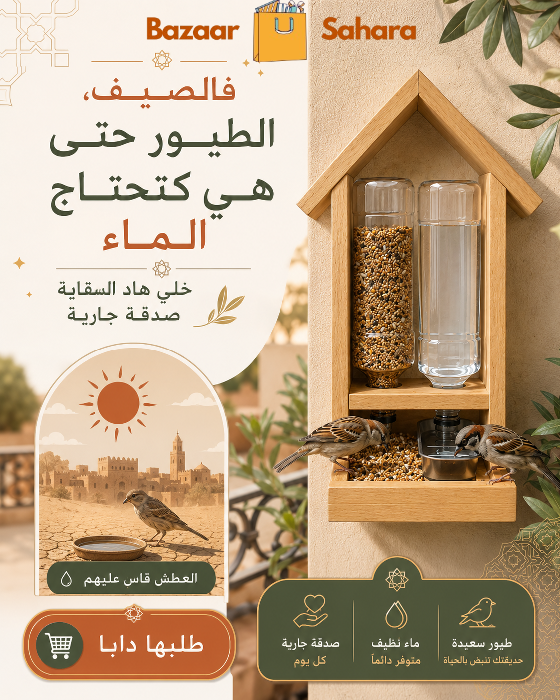 سقاية ومأكلة خشبية للطيور – صدقة جارية بنية الخير 🕊️